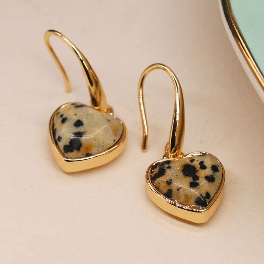 Golden dalmatian jasper heart drop earrings