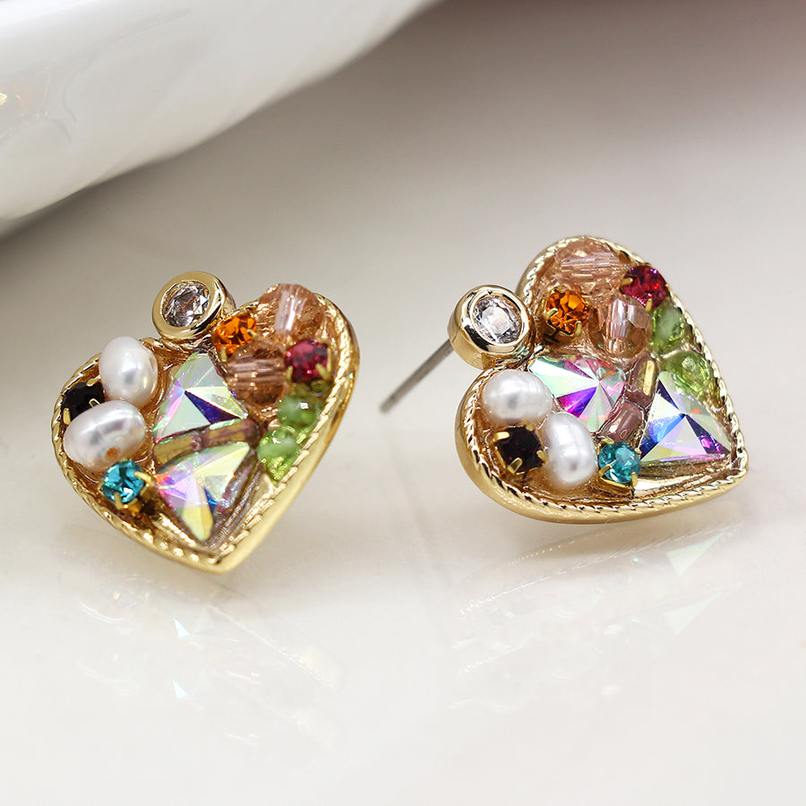 Faux Gold Heart and Crystal Necklace with Mixed Gem Centre