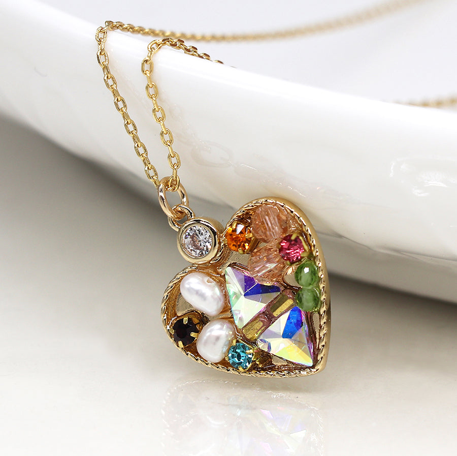 Faux Gold Heart and Crystal Necklace with mixed Gem Centre
