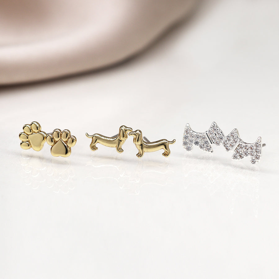 Faux Gold and Silver Plated Dogs and Paws Triple Earring Set