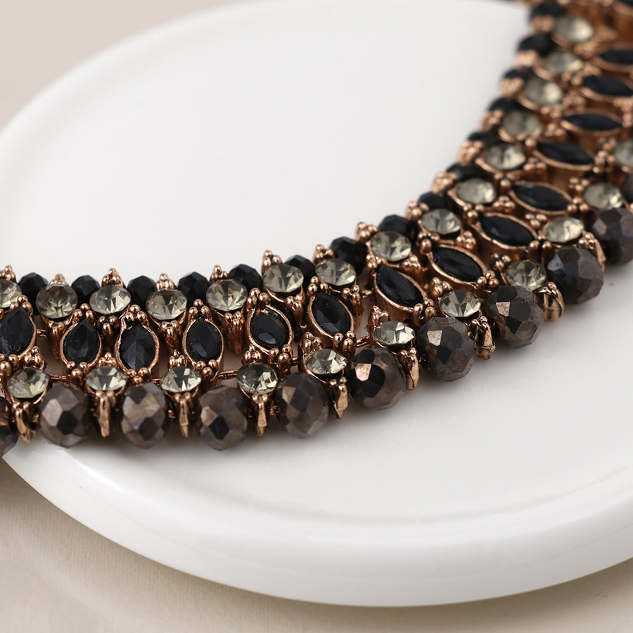 Antique style black crystal layers necklace