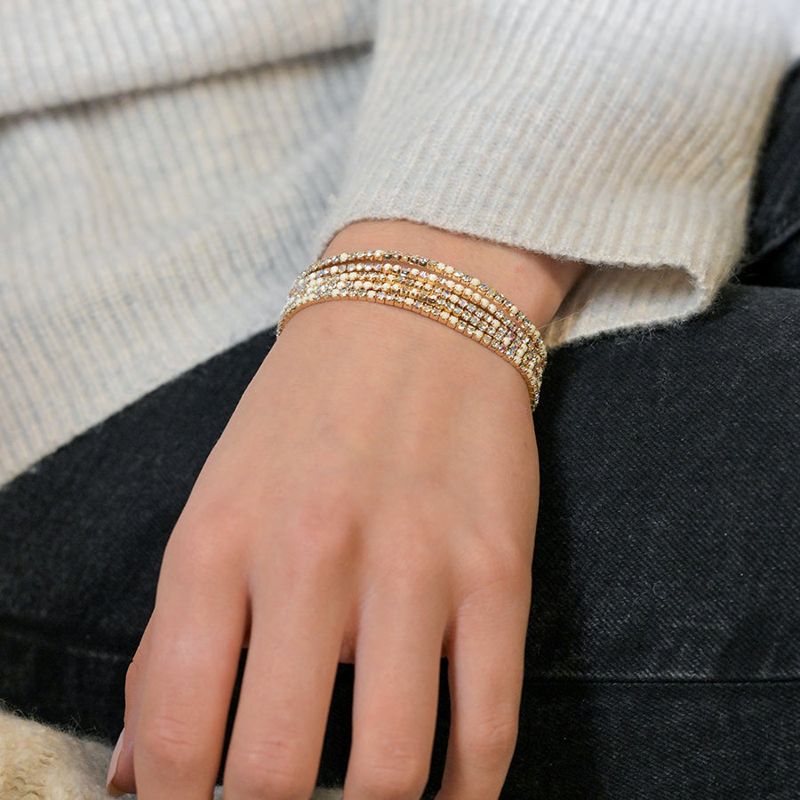 Golden multistrand cream mix crystal bracelet stack
