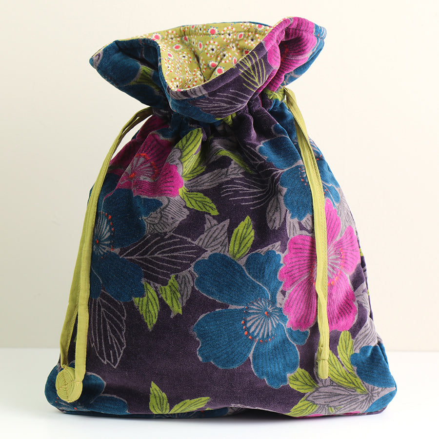 Teal and Plum Mix Velvet Draw String Bag