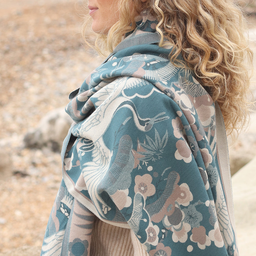 Scarf - Teal blue crane and floral jacquard