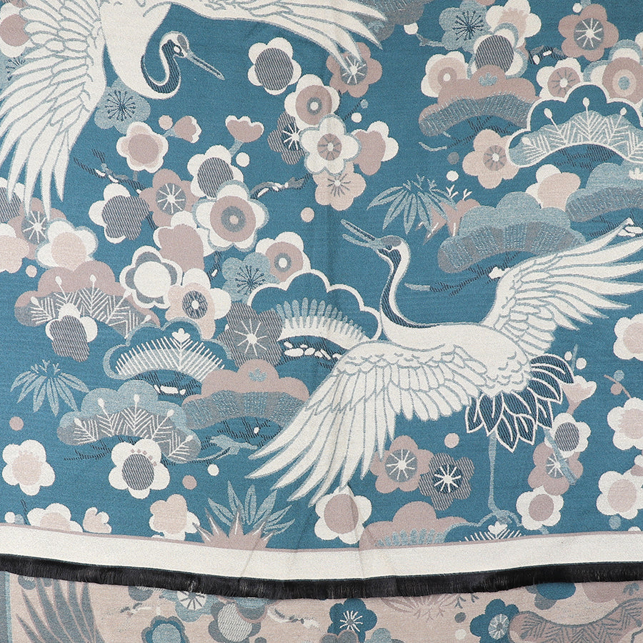 Scarf - Teal blue crane and floral jacquard