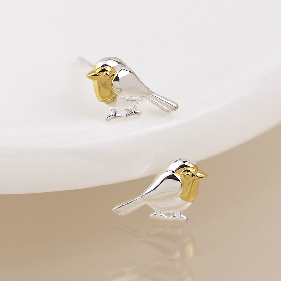 Sterling Silver and Gold Robin Stud Earrings