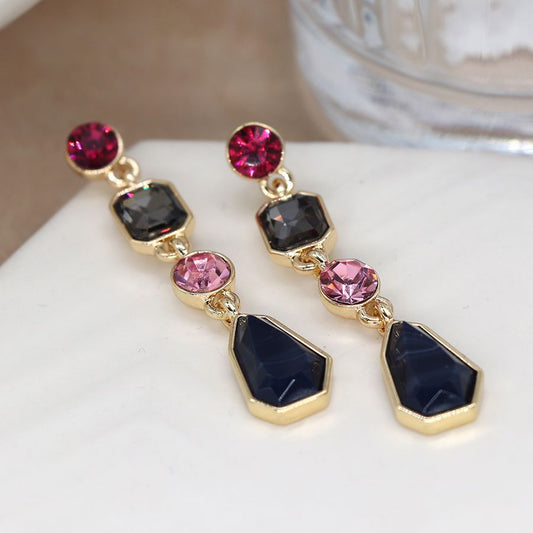Multi crystal stud drop earrings with four mixed crystals