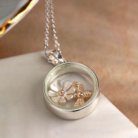 Silver Plated Necklace with Gold Bee and Flower