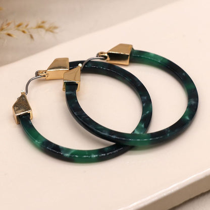 Malachite green resin and golden catch hoop earrings