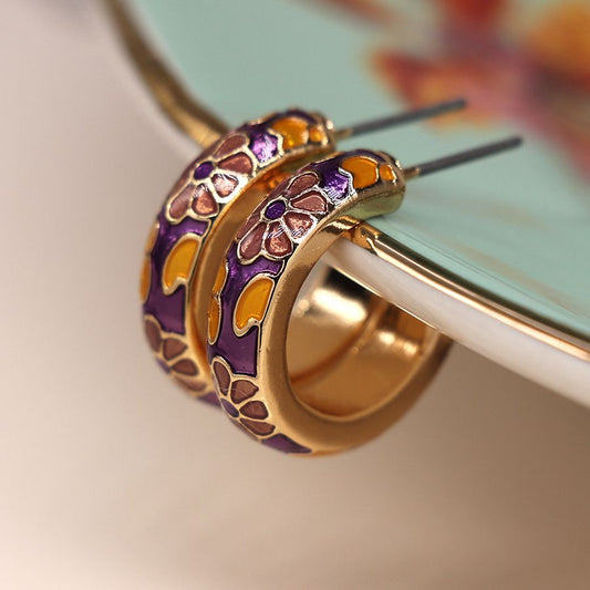 Gold and purple floral enamel hoop earrings