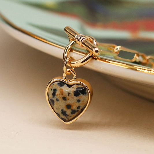 Golden dalmatian heart necklace with t-bar