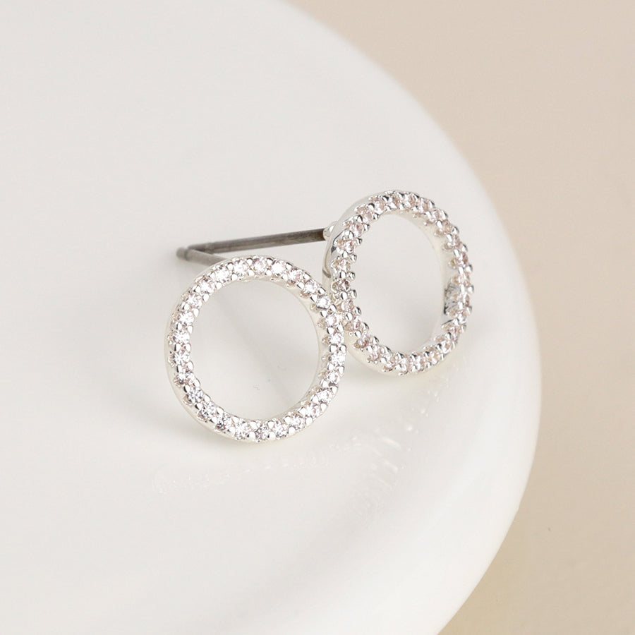 Silver plated pave crystal hoop stud earrings