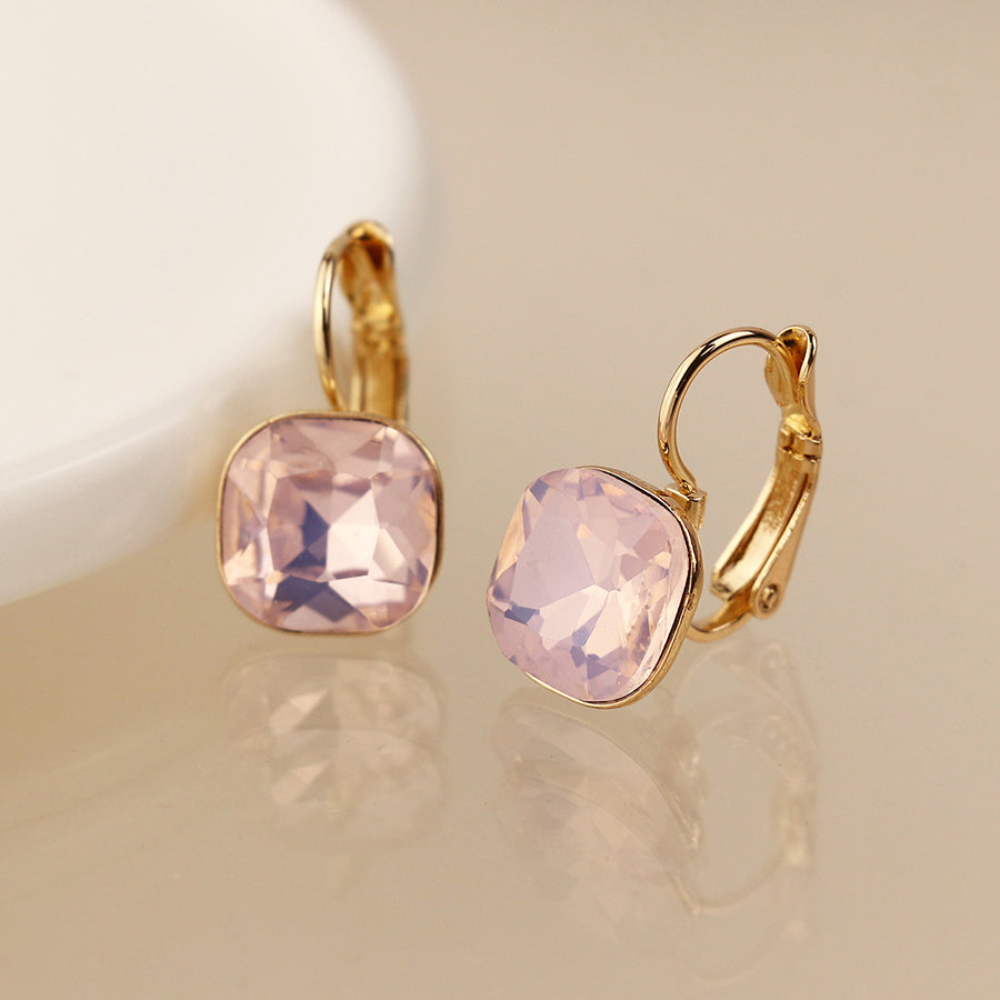 Golden and Pink Square Crystal Drop Earrings