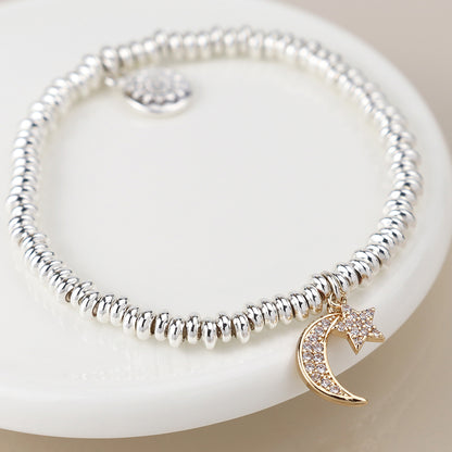 Silver plated crystal crescent moon and star bracelet