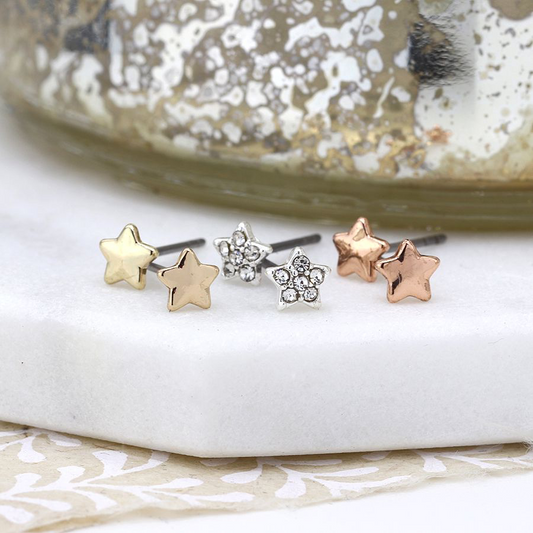Triple Star Rose Gold, Silver and Crystal Earring Set
