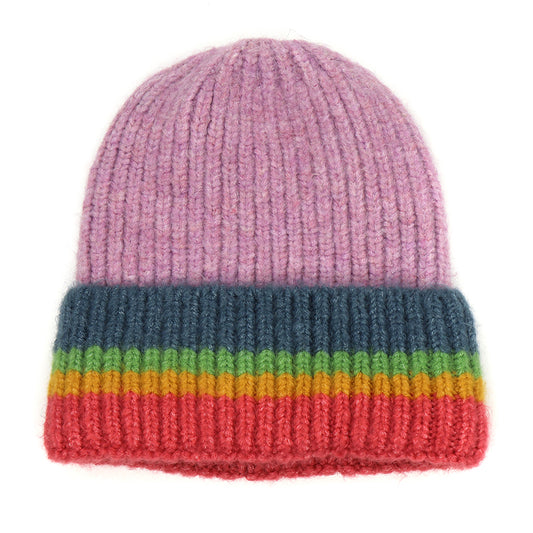 Lilac and Rainbow Stripe Beanie Hat