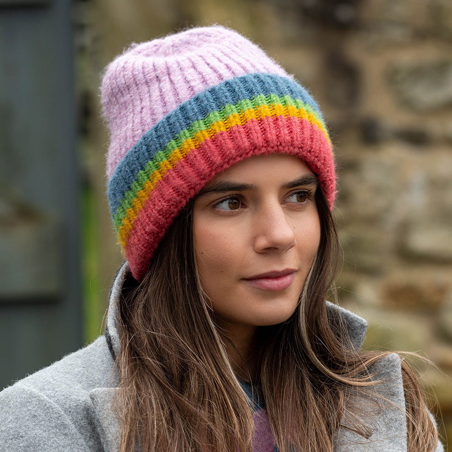 Lilac and Rainbow Stripe Beanie Hat