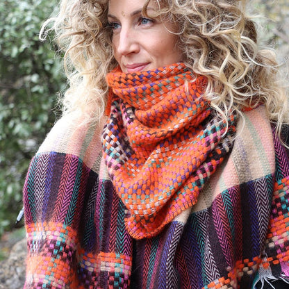 Orange Mix Woven Check Fringe Scarf