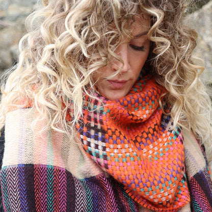 Orange Mix Woven Check Fringe Scarf