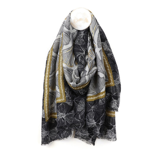 Ginkgo Leaf Grey & Gold Print Scarf