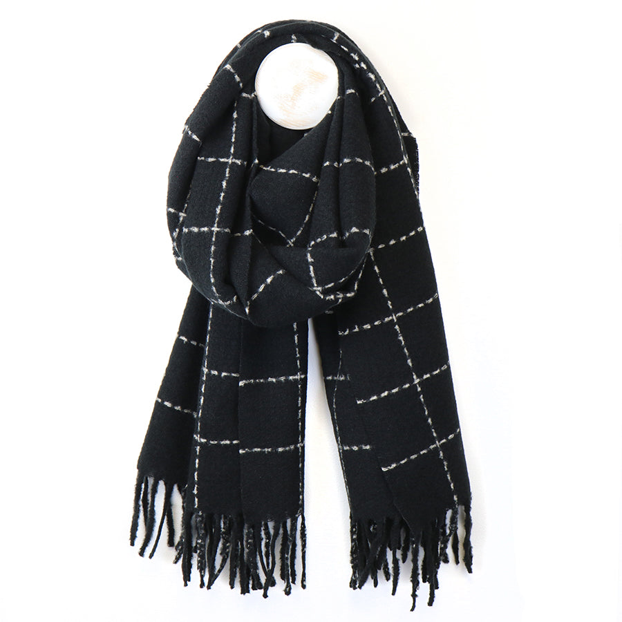 Black Fine Check Scarf with Fringe