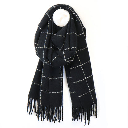 Black Fine Check Scarf with Fringe