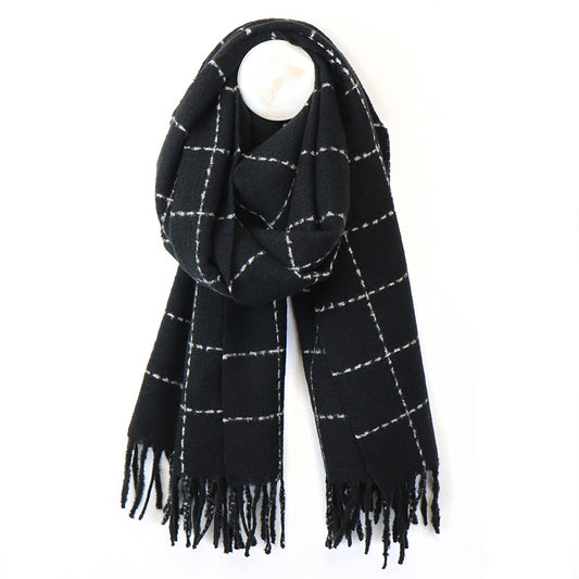 Black Fine Check Scarf with Fringe