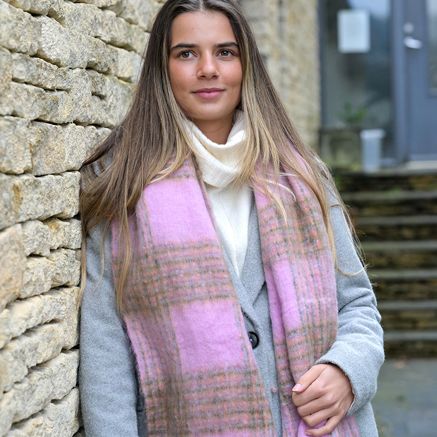 Pink Fluffy Check Scarf