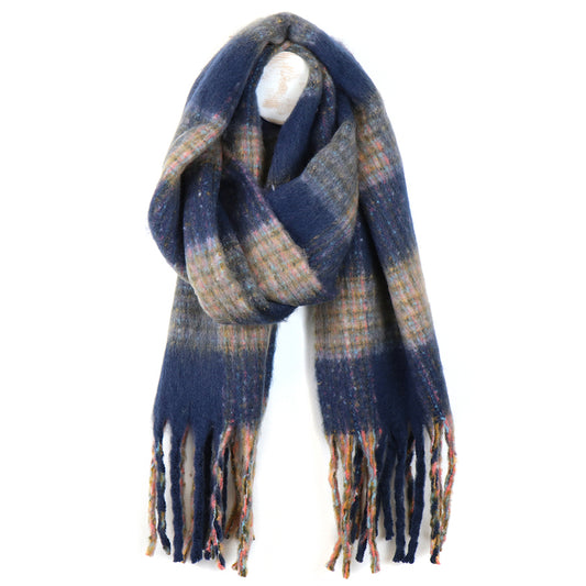 Navy Blue Mix Fluffy Check Scarf