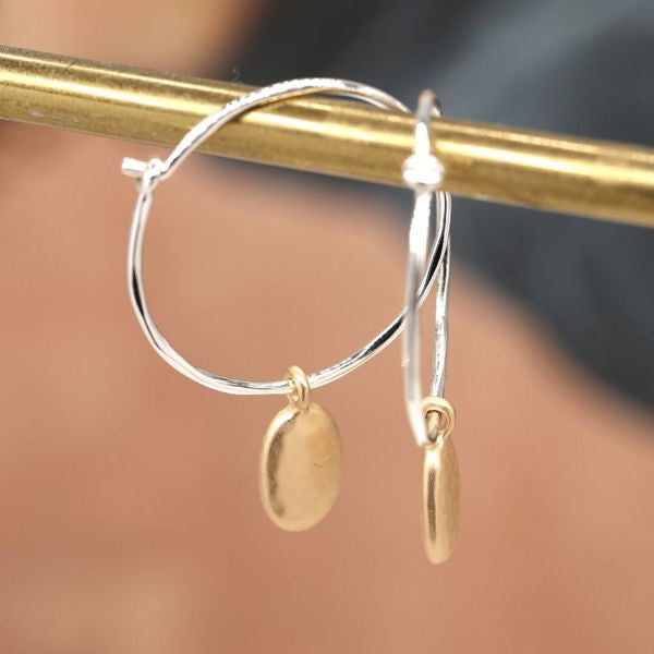 Silver Plated Beaten Hoop Earrings with Matt Gold Drops