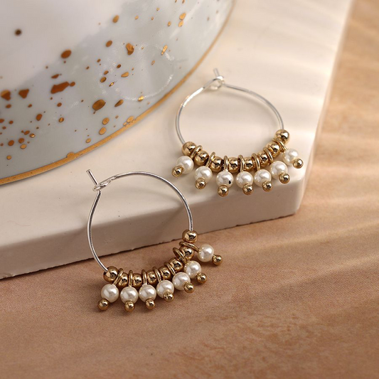 Pearl and Golden Bead Hoop Earrings