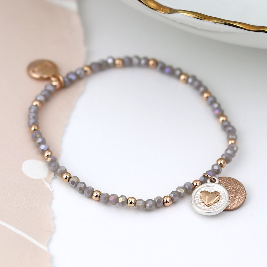 Rose Gold Disc and Grey Beaded Bracelet