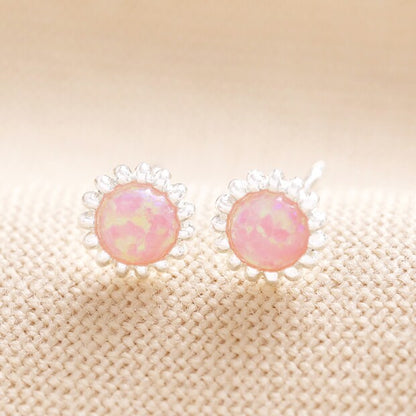 Pink Opal Flower Stud Earrings