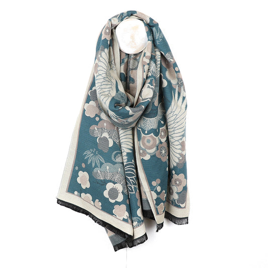 Scarf - Teal blue crane and floral jacquard