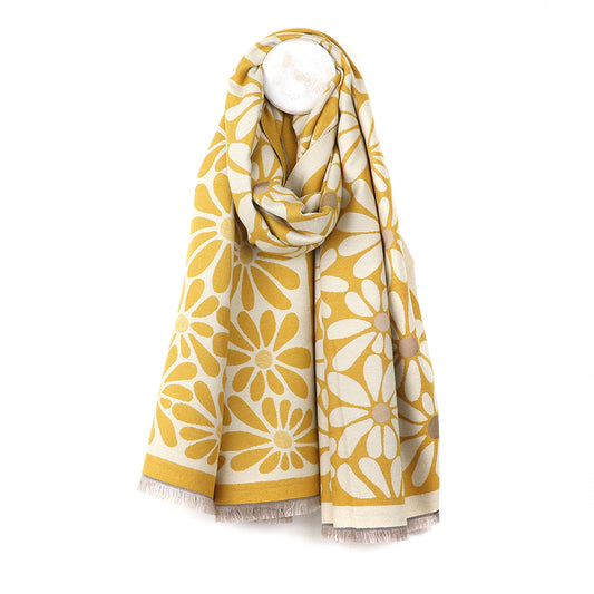 Scarf - mustard retro daisy jacquard