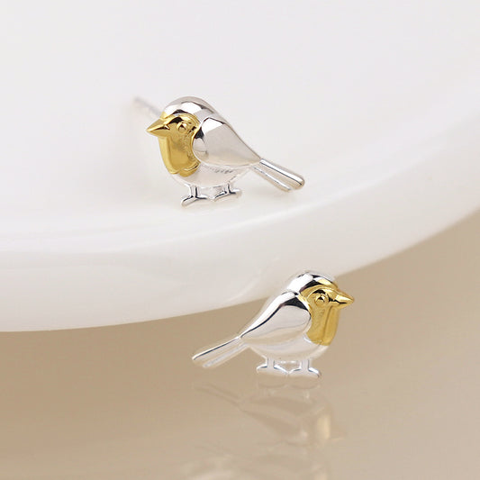 Sterling Silver and Gold Robin Stud Earrings