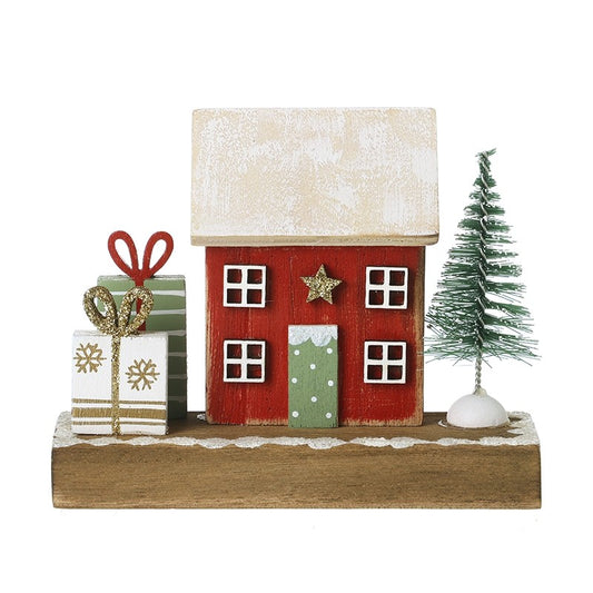 Red Wooden House with Gifts and Tree
