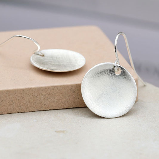 Silver scratched disc earrings