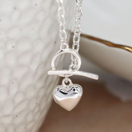 Silver Plated t-bar and heart necklace