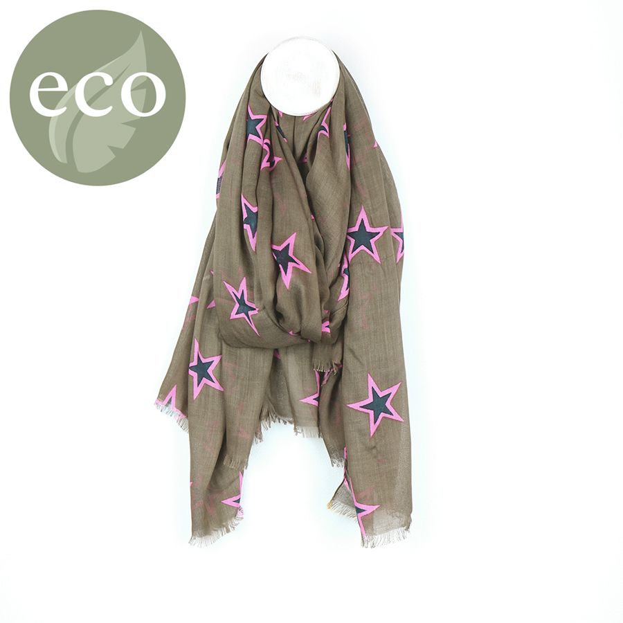 Khaki, navy & pink star print scarf